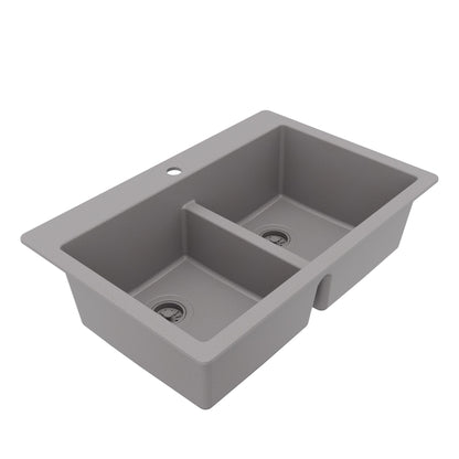 33" Top Mount Double Bowl Quartz Composite Kitchen Sink In Grey