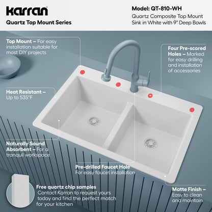 33" Top Mount Double Bowl Quartz Composite Kitchen Sink In White