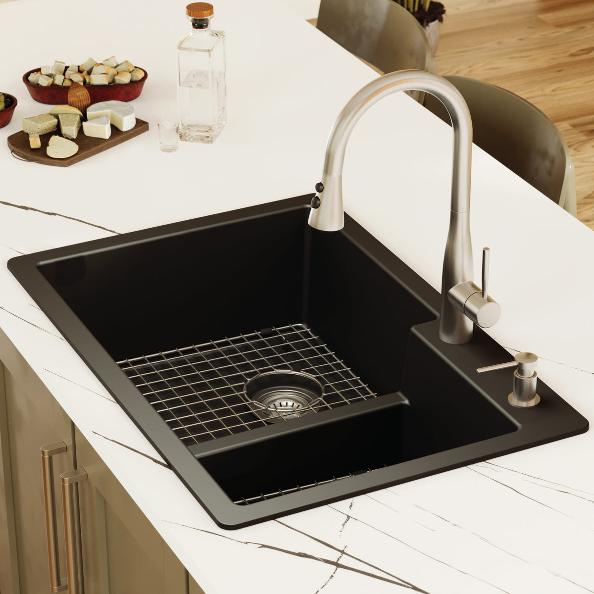 33" Top Mount Double Offset Bowl Quartz Composite Kitchen Sink Kit In Black