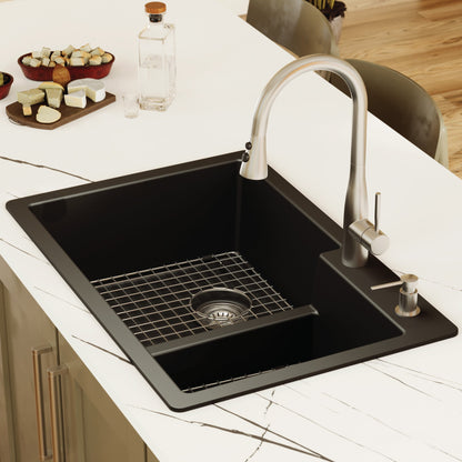 33" Top Mount Double Offset Bowl Quartz Composite Kitchen Sink Kit In Black