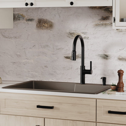 33" Top Mount Double Offset Bowl Quartz Composite Kitchen Sink Kit In Brown