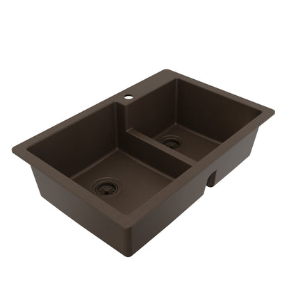 33" Top Mount Double Offset Bowl Quartz Composite Kitchen Sink In Brown