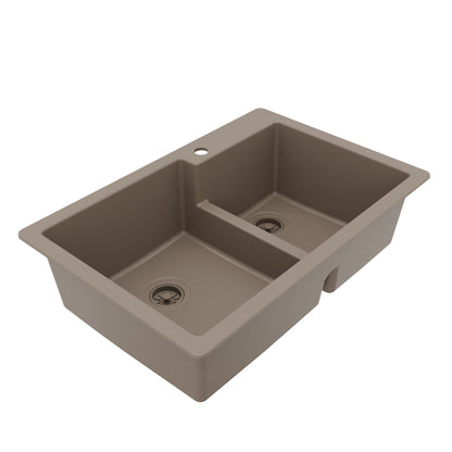 33" Top Mount Double Offset Bowl Quartz Composite Kitchen Sink In Concrete