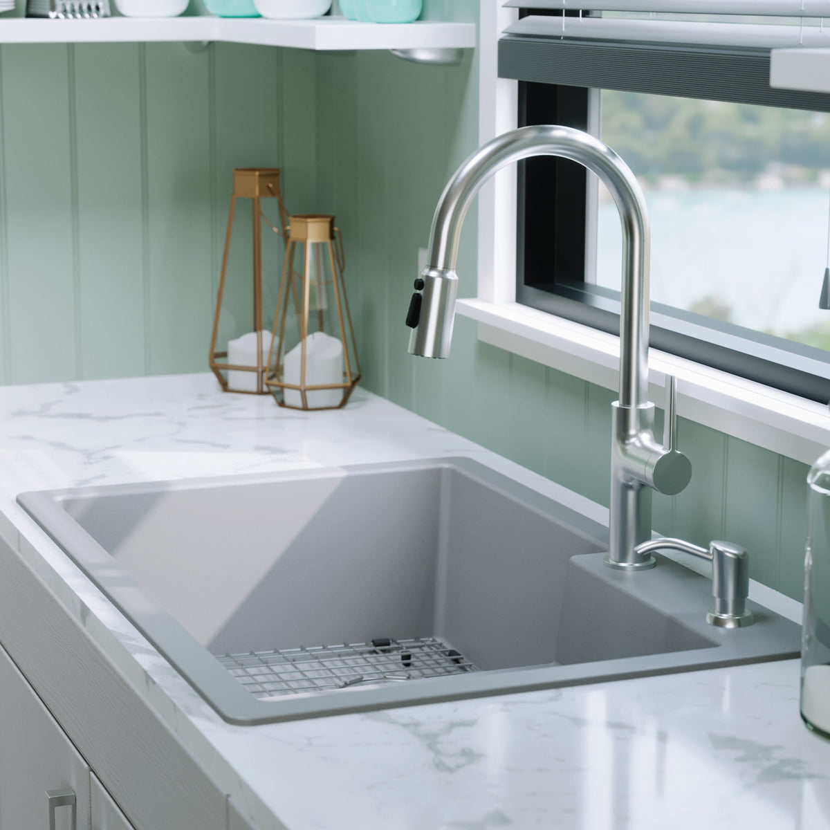 33" Top Mount Double Offset Bowl Quartz Composite Kitchen Sink Kit In Grey
