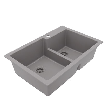 33" Top Mount Double Offset Bowl Quartz Composite Kitchen Sink In Grey