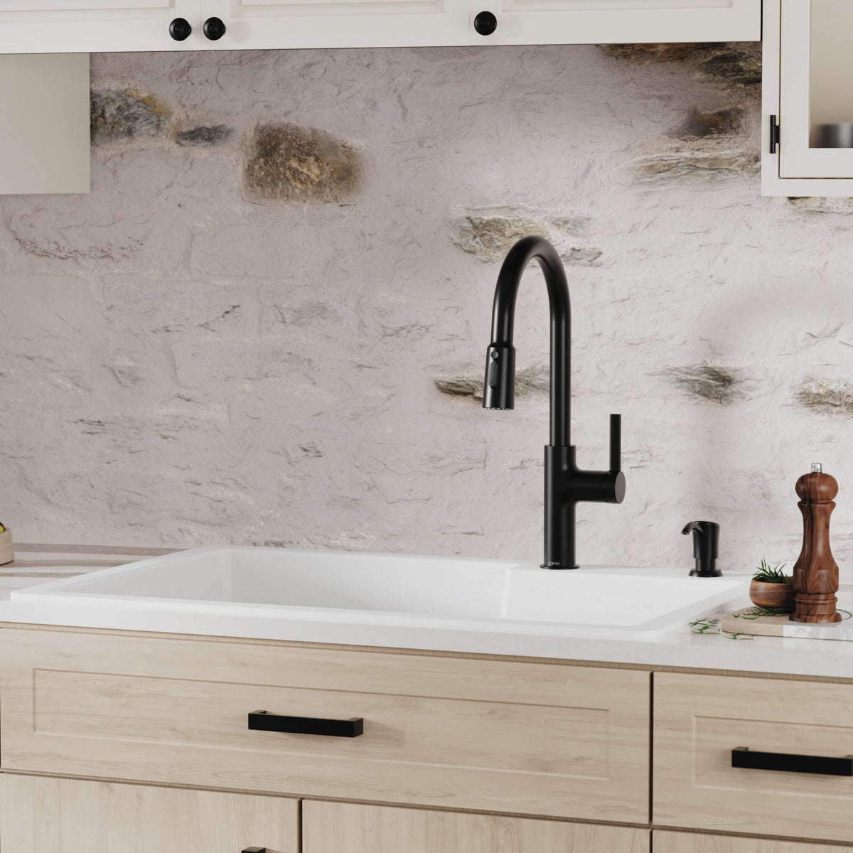 33" Top Mount Double Offset Bowl Quartz Composite Kitchen Sink Kit In White