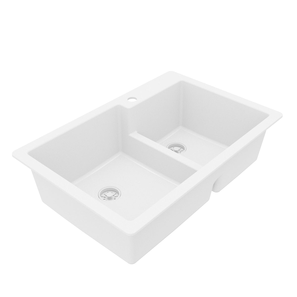 33" Top Mount Double Offset Bowl Quartz Composite Kitchen Sink In White