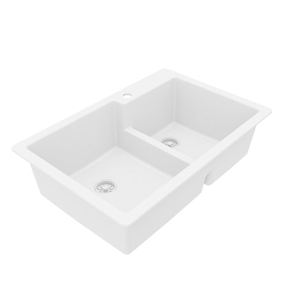 33" Top Mount Double Offset Bowl Quartz Composite Kitchen Sink In White