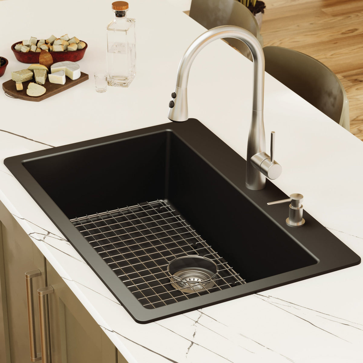 33" Top Mount Large Single Bowl Quartz Composite Kitchen Sink Kit In Black