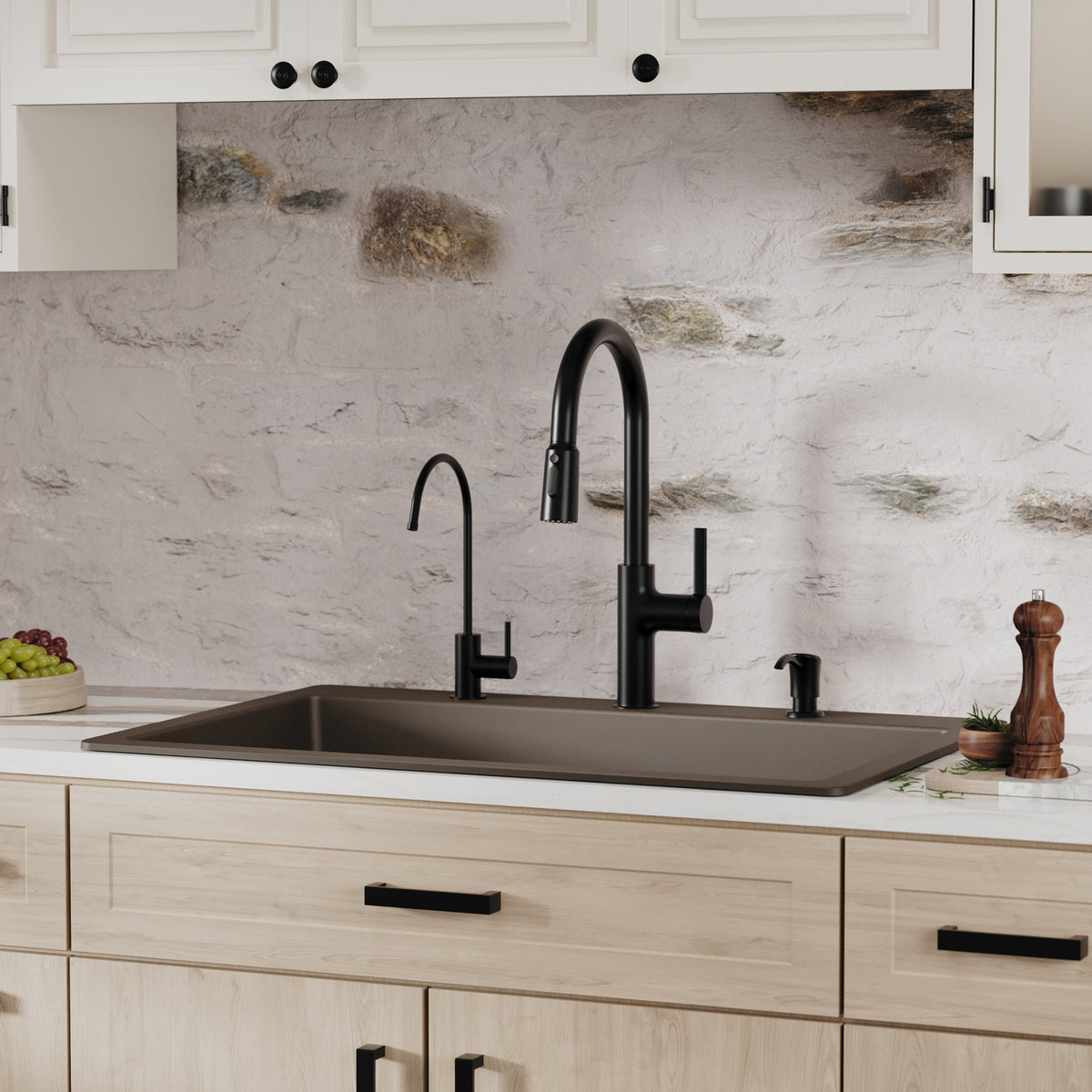 33" Top Mount Large Single Bowl Quartz Composite Kitchen Sink Kit In Brown