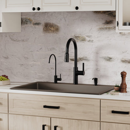 33" Top Mount Large Single Bowl Quartz Composite Kitchen Sink Kit In Brown