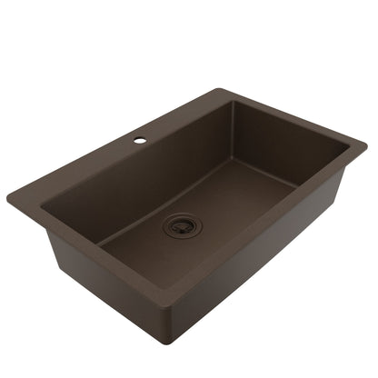 33" Top Mount Large Single Bowl Quartz Composite Kitchen Sink In Brown