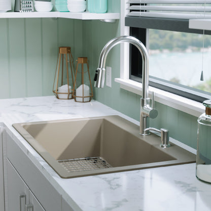 33" Top Mount Large Single Bowl Quartz Composite Kitchen Sink Kit In Concrete