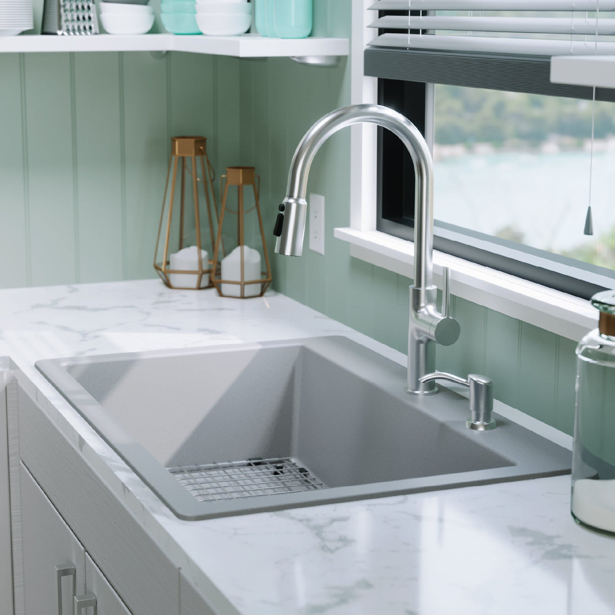 33" Top Mount Large Single Bowl Quartz Composite Kitchen Sink Kit In Grey
