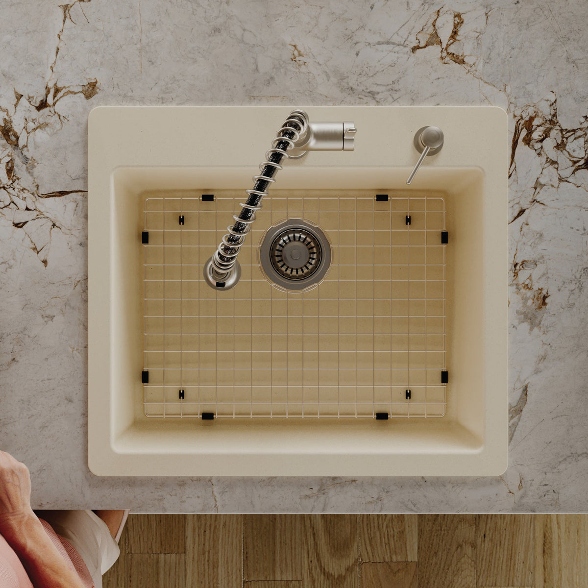 25" Top Mount Single Bowl Quartz Composite Kitchen Sink Kit In Bisque