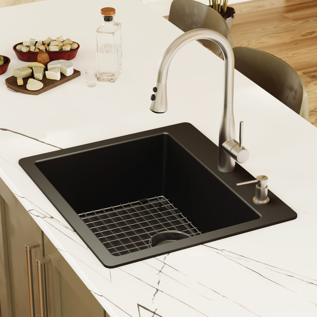 25" Top Mount Single Bowl Quartz Composite Kitchen Sink Kit In Black