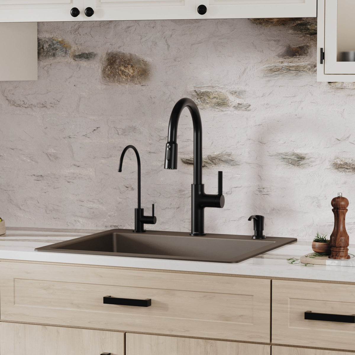 25" Top Mount Single Bowl Quartz Composite Kitchen Sink Kit In Brown