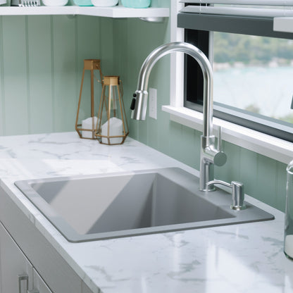 25" Top Mount Single Bowl Quartz Composite Kitchen Sink Kit In Grey