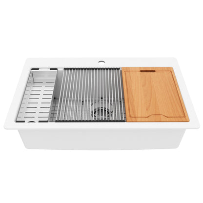 33" Top Mount Large Single Bowl Quartz Composite Workstation Kitchen Sink In White