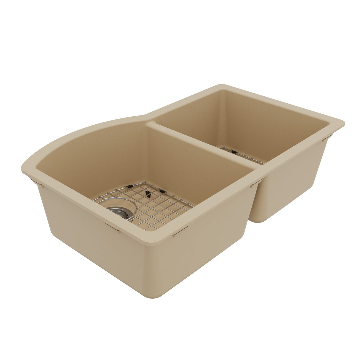 32-1/4" Undermount Double Offset Bowl Quartz Composite Kitchen Sink Kit In Bisque