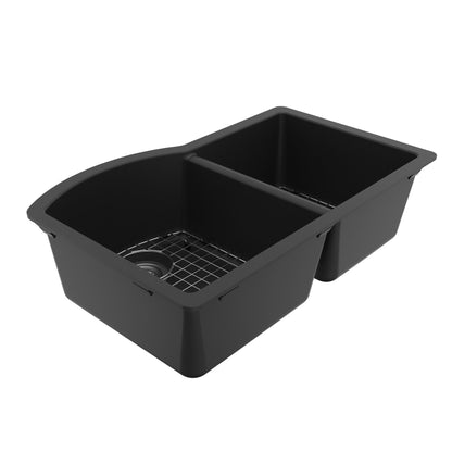 32-1/4" Undermount Double Offset Bowl Quartz Composite Kitchen Sink Kit In Black