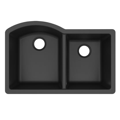 32-1/4" Undermount Double Offset Bowl Quartz Composite Kitchen Sink In Black