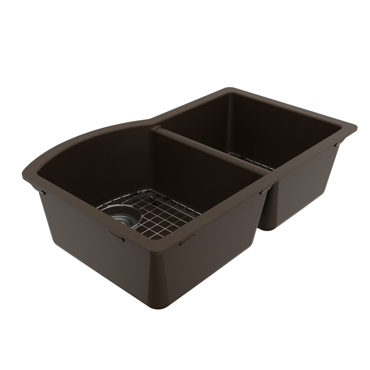32-1/4" Undermount Double Offset Bowl Quartz Composite Kitchen Sink Kit In Brown