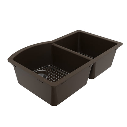 32-1/4" Undermount Double Offset Bowl Quartz Composite Kitchen Sink Kit In Brown