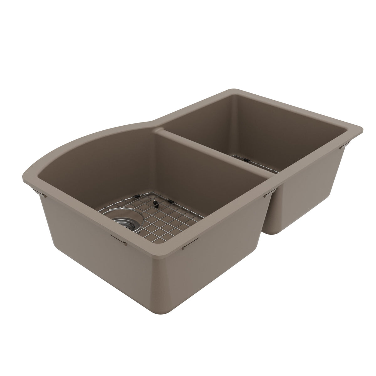 32-1/4" Undermount Double Offset Bowl Quartz Composite Kitchen Sink Kit In Concrete