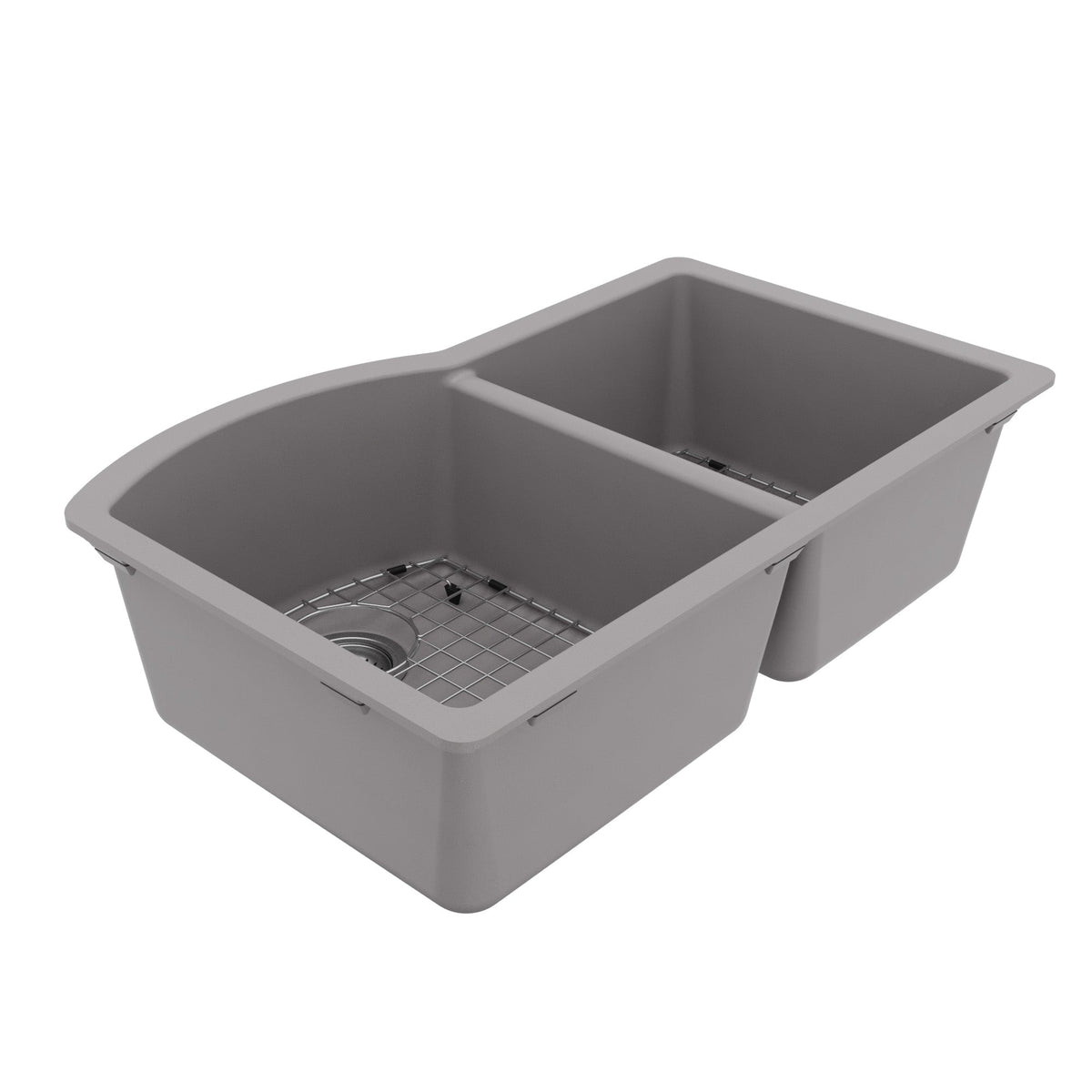 32-1/4" Undermount Double Offset Bowl Quartz Composite Kitchen Sink Kit In Grey