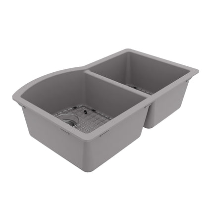 32-1/4" Undermount Double Offset Bowl Quartz Composite Kitchen Sink Kit In Grey