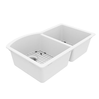 32-1/4" Undermount Double Offset Bowl Quartz Composite Kitchen Sink Kit In White