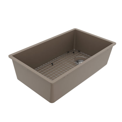 31-5/8" Undermount Large Single Bowl Quartz Composite Kitchen Sink Kit In Concrete