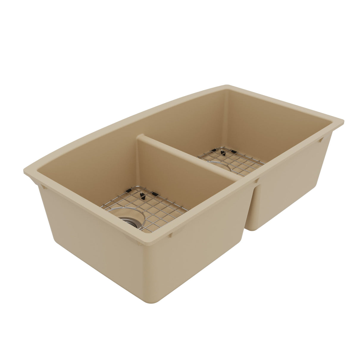 32-1/2" Undermount Double Equal Bowl Quartz Composite Kitchen Sink Kit In Bisque