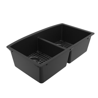 32-1/2" Undermount Double Equal Bowl Quartz Composite Kitchen Sink Kit In Black