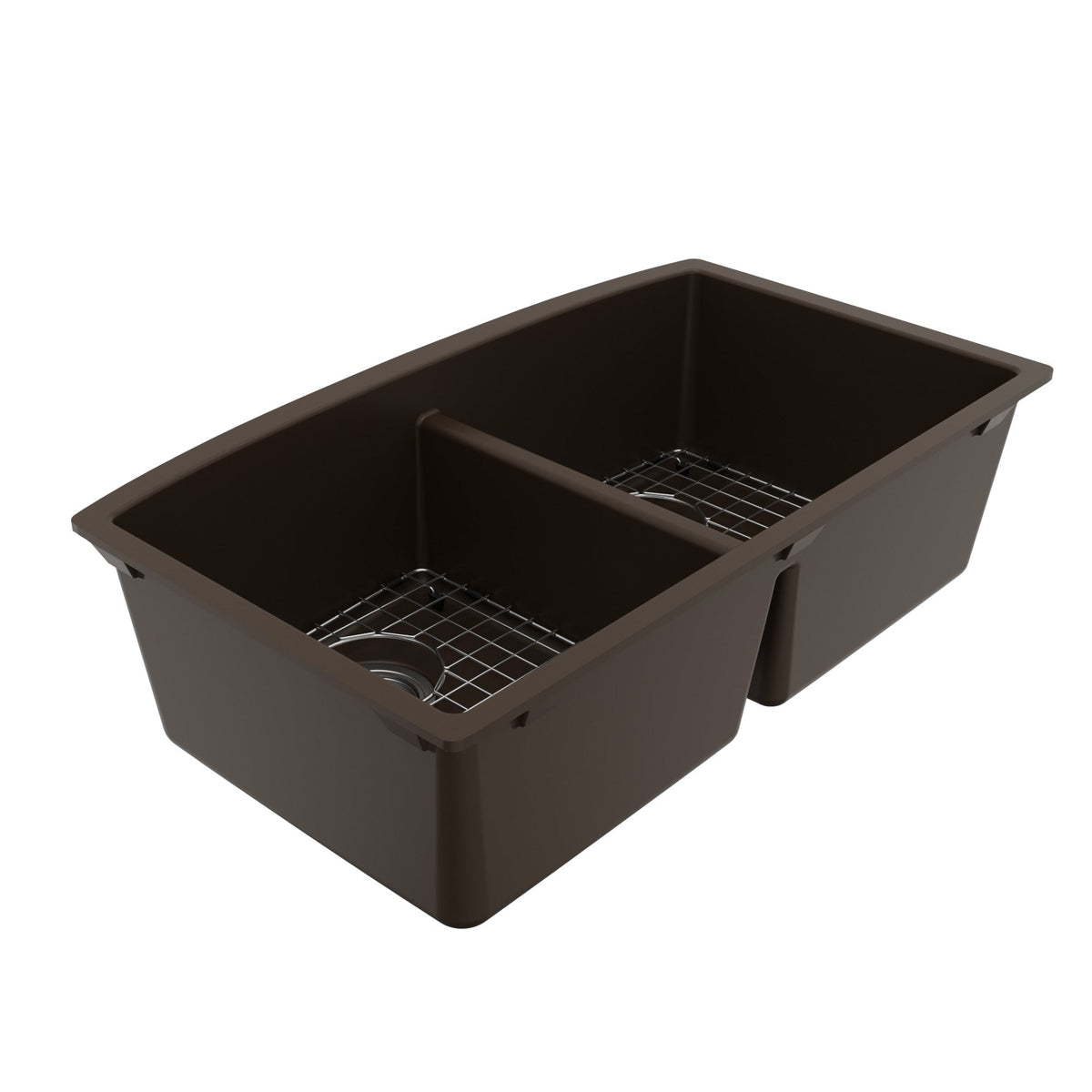 32-1/2" Undermount Double Equal Bowl Quartz Composite Kitchen Sink Kit In Brown