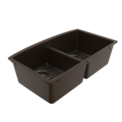 32-1/2" Undermount Double Equal Bowl Quartz Composite Kitchen Sink Kit In Brown