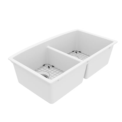 32-1/2" Undermount Double Equal Bowl Quartz Composite Kitchen Sink Kit In White
