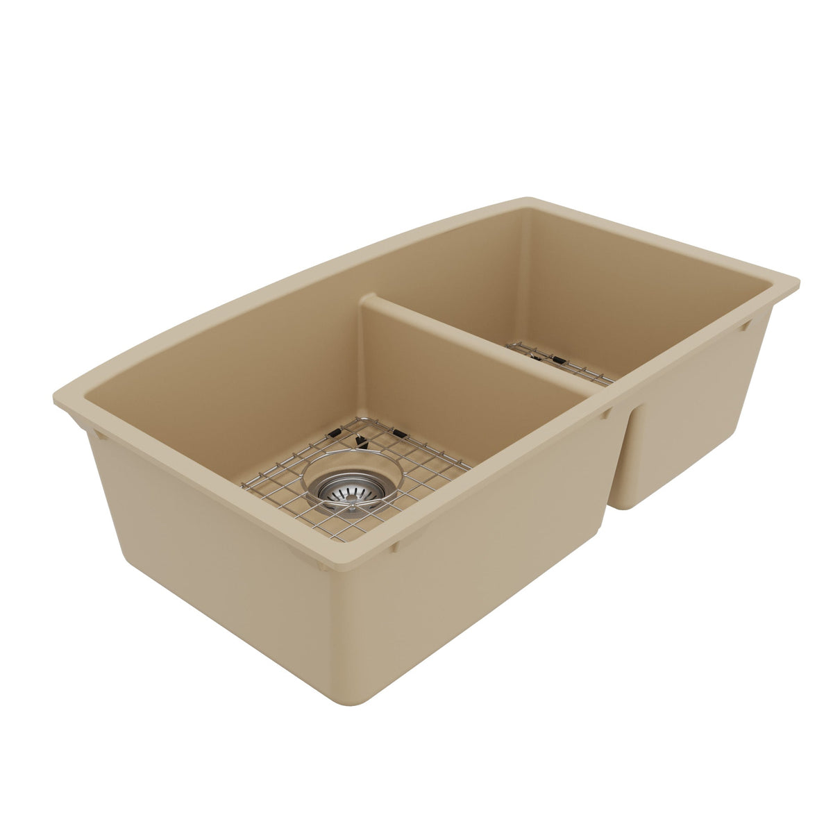 32-1/2" Undermount Double Offset Bowl Quartz Composite Kitchen Sink Kit In Bisque