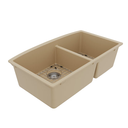 32-1/2" Undermount Double Offset Bowl Quartz Composite Kitchen Sink Kit In Bisque