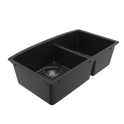 32-1/2" Undermount Double Offset Bowl Quartz Composite Kitchen Sink Kit In Black