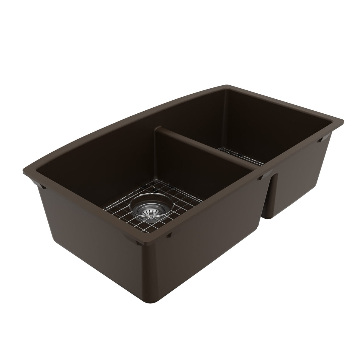 32-1/2" Undermount Double Offset Bowl Quartz Composite Kitchen Sink Kit In Brown