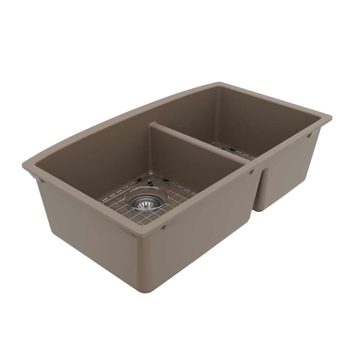 32-1/2" Undermount Double Offset Bowl Quartz Composite Kitchen Sink Kit In Concrete