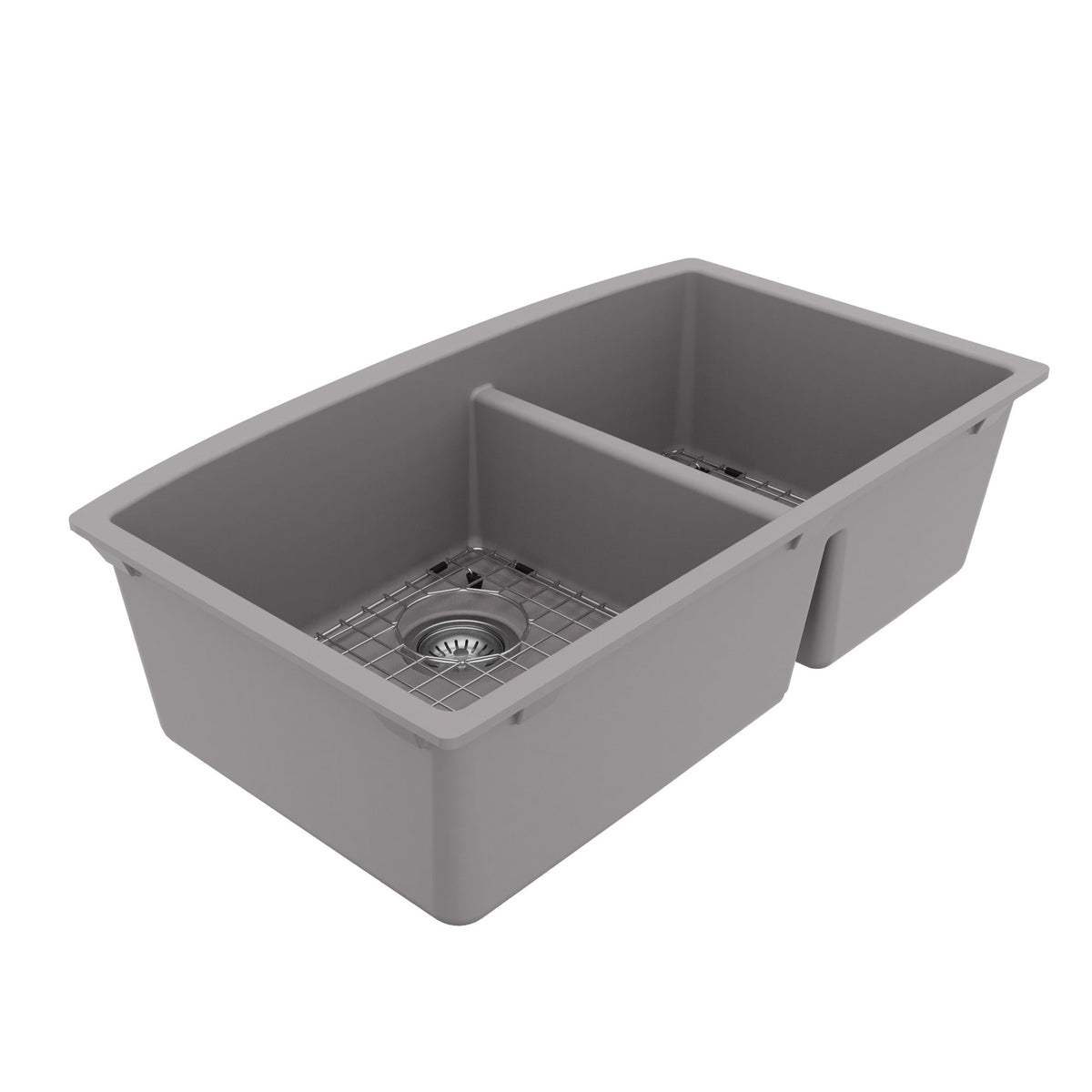 32-1/2" Undermount Double Offset Bowl Quartz Composite Kitchen Sink Kit In Grey