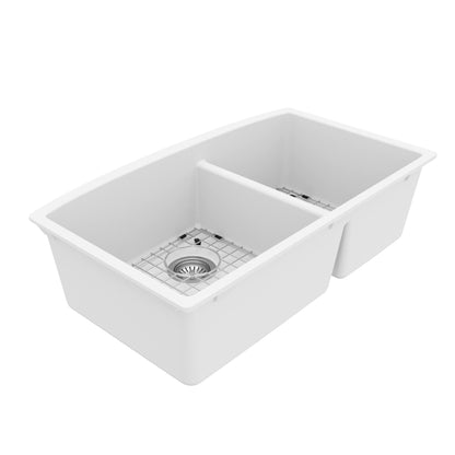 32-1/2" Undermount Double Offset Bowl Quartz Composite Kitchen Sink Kit In White