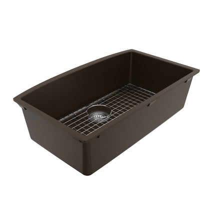 32-1/2" Undermount Large Single Bowl Quartz Composite Kitchen Sink Kit In Brown