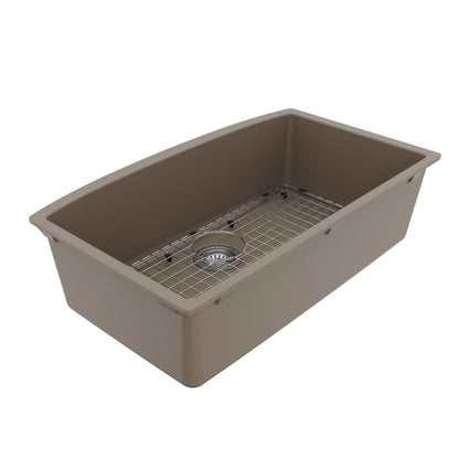 32-1/2" Undermount Large Single Bowl Quartz Composite Kitchen Sink Kit In Concrete
