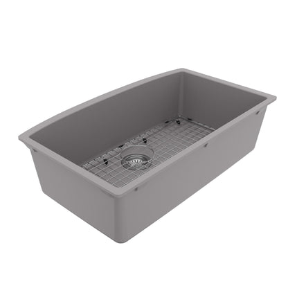 32-1/2" Undermount Large Single Bowl Quartz Composite Kitchen Sink Kit In Grey