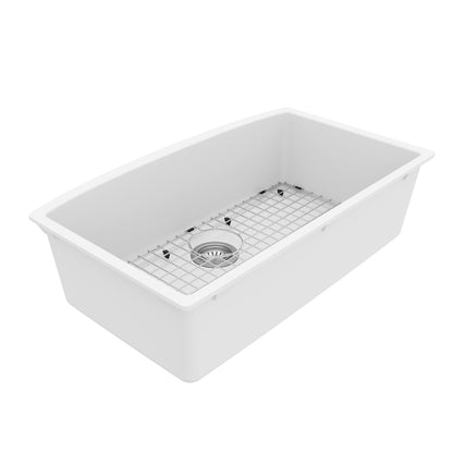 32-1/2" Undermount Large Single Bowl Quartz Composite Kitchen Sink Kit In White