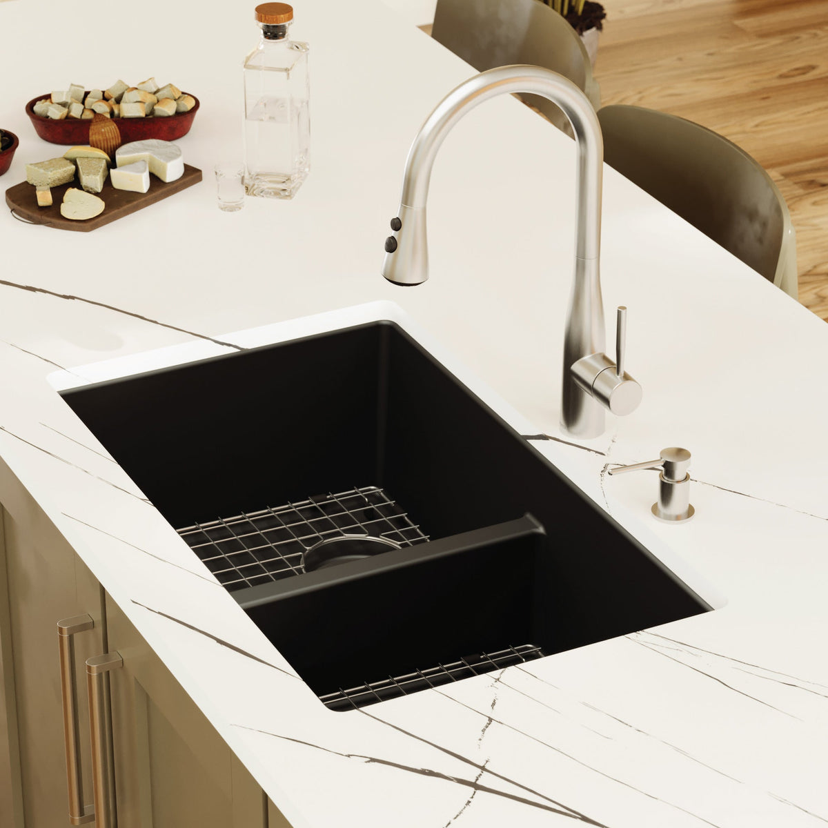 32-3/8" Undermount Double Equal Bowl Quartz Composite Kitchen Sink Kit In Black